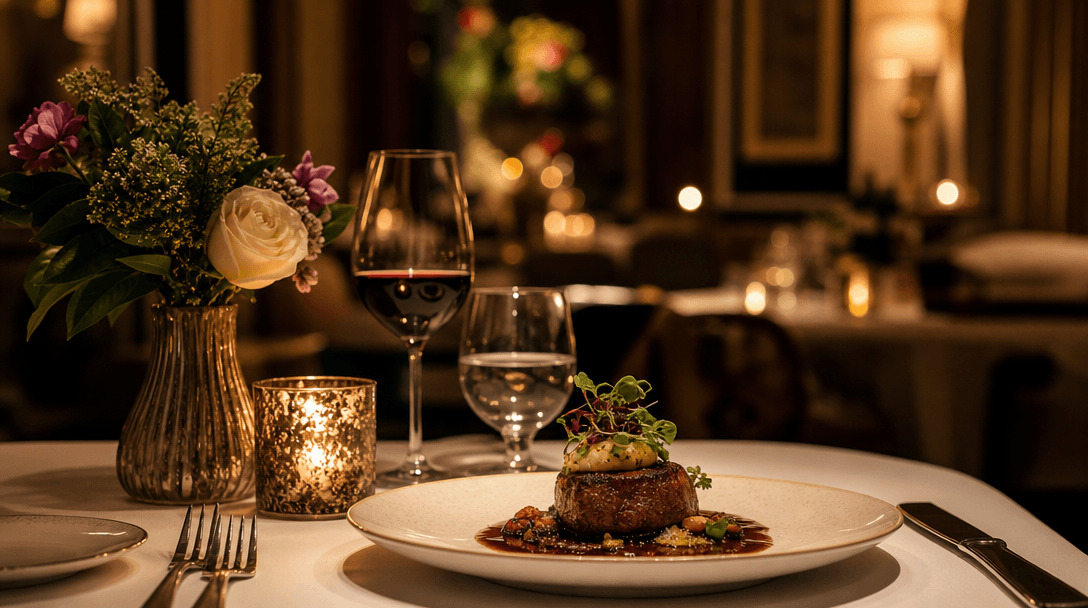 Fine dining table with warm ambient lighting and elegant decor, blurred background with candlelight, sophisticated resta