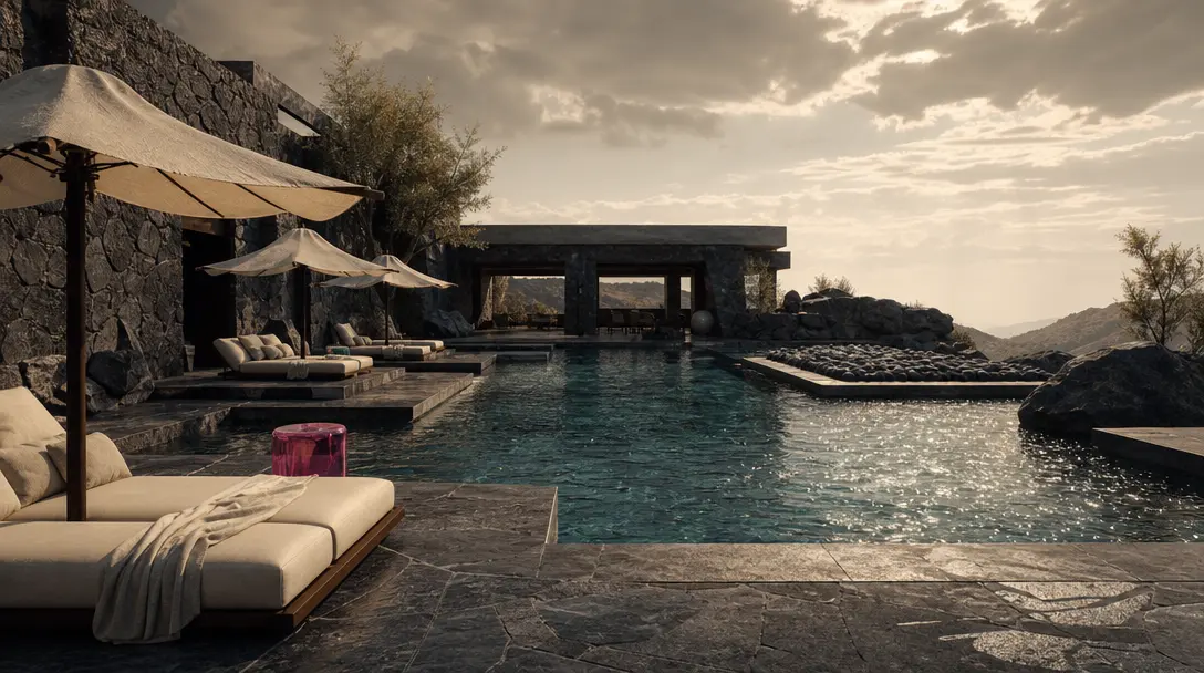 An architectural pool surrounded by dark stone, cream linen, sculptural umbrellas, and sparkling water, cinematic wide f