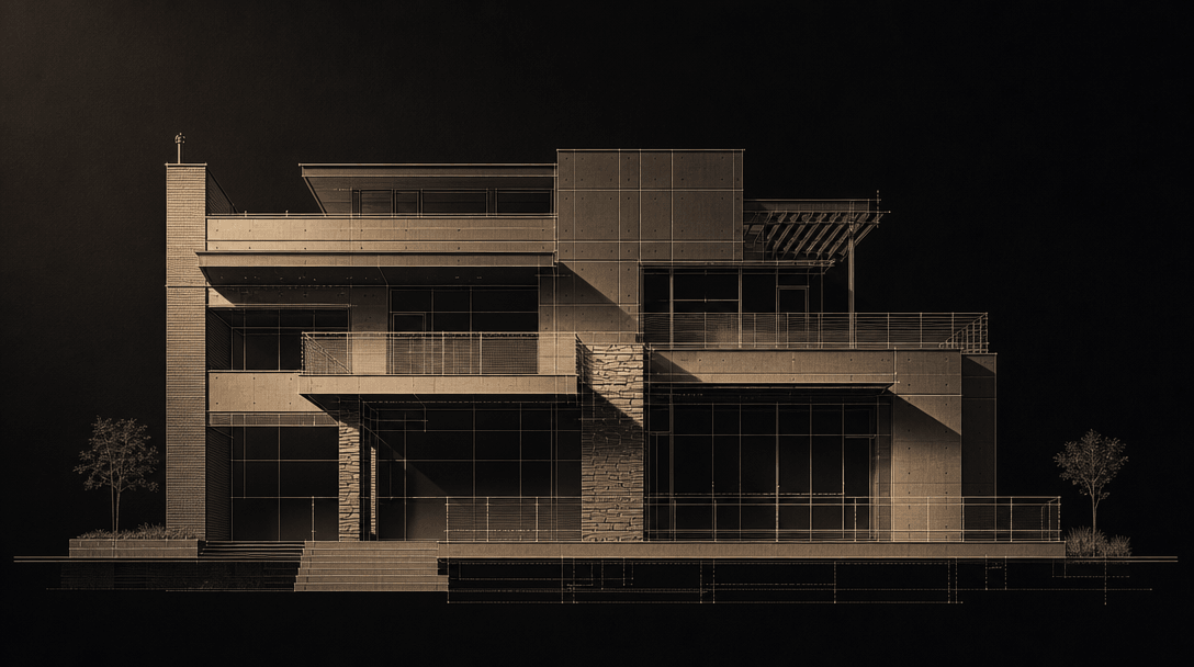 Architectural elevation drawing rendered in sharp monochrome line work floating against a near-black background, warm si