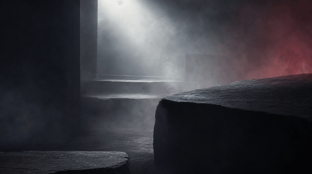 Layers of fine silver fog moving through a dark studio landscape of matte stone planes, a narrow beam of off-white light