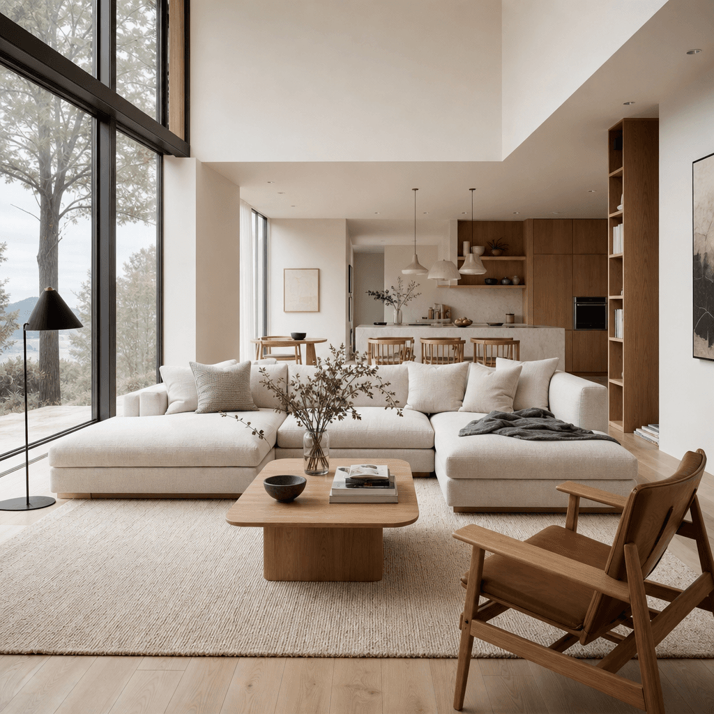 A modern open-plan living room, tall floor-to-ceiling windows with soft diffused daylight, Scandinavian-minimal furnitur