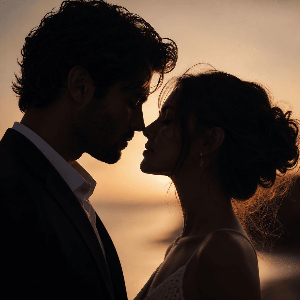 Intimate profile couple shot. Side-by-side silhouette or profile view. Soft backlighting and rim light creating romantic