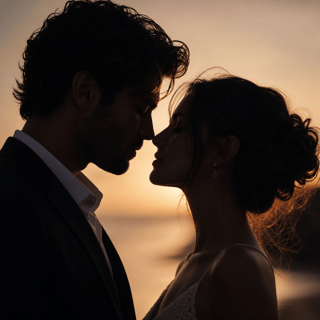Intimate profile couple shot. Side-by-side silhouette or profile view. Soft backlighting and rim light creating romantic