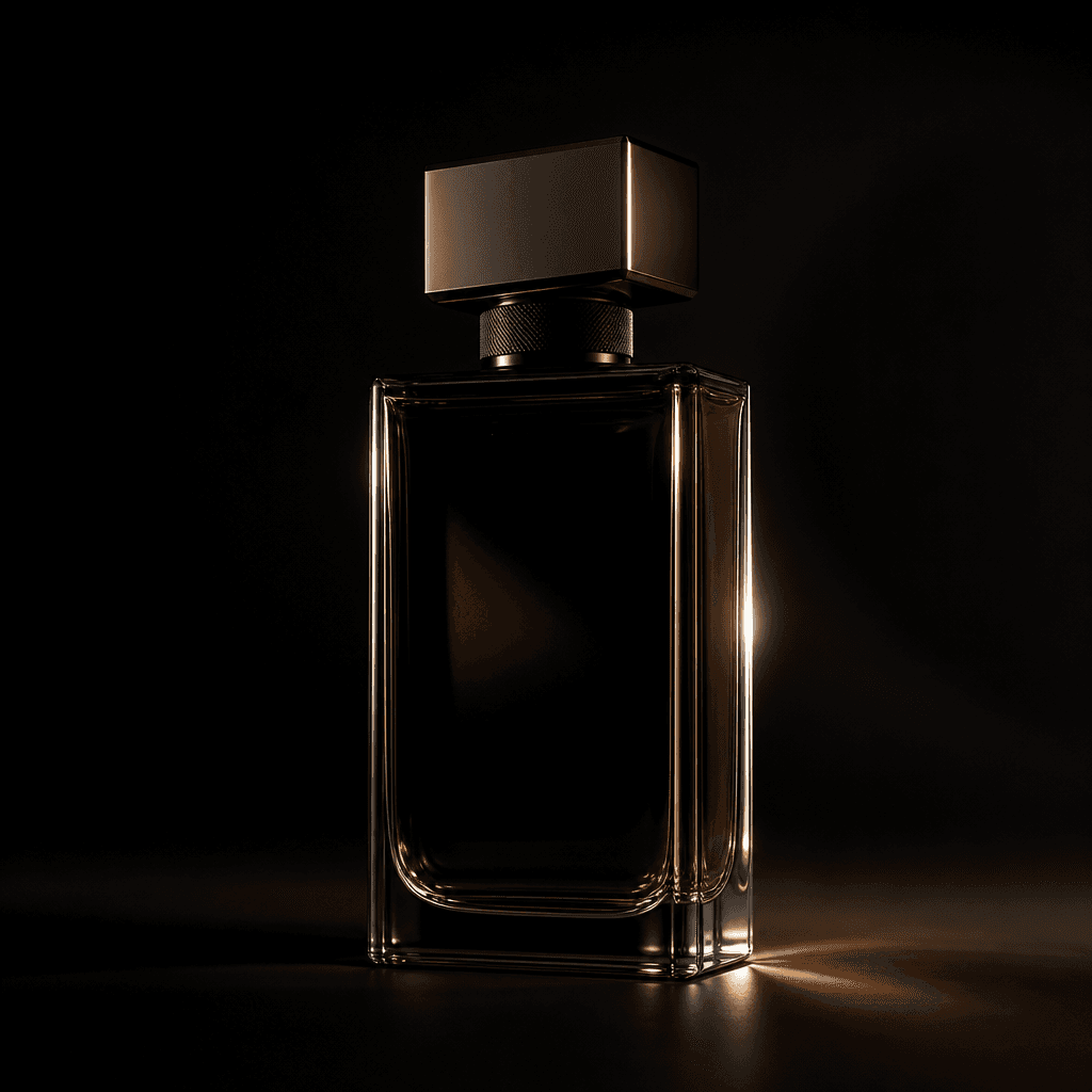 AI-generated luxury product hero shot: a sleek minimalist perfume bottle on a dark studio surface, dramatic single-sourc