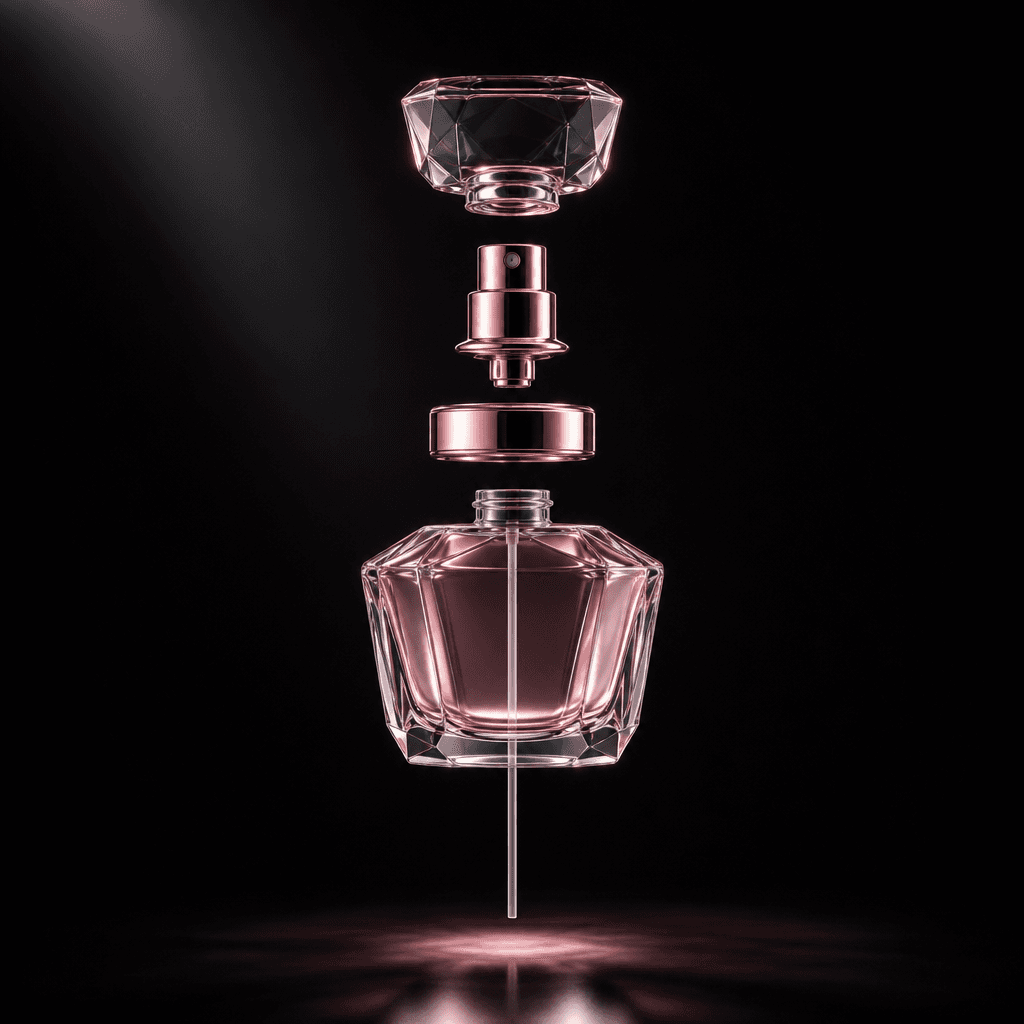 Luxury perfume bottle separated into cap, atomizer, collar, glass vessel, and internal tube in a precise vertical explod