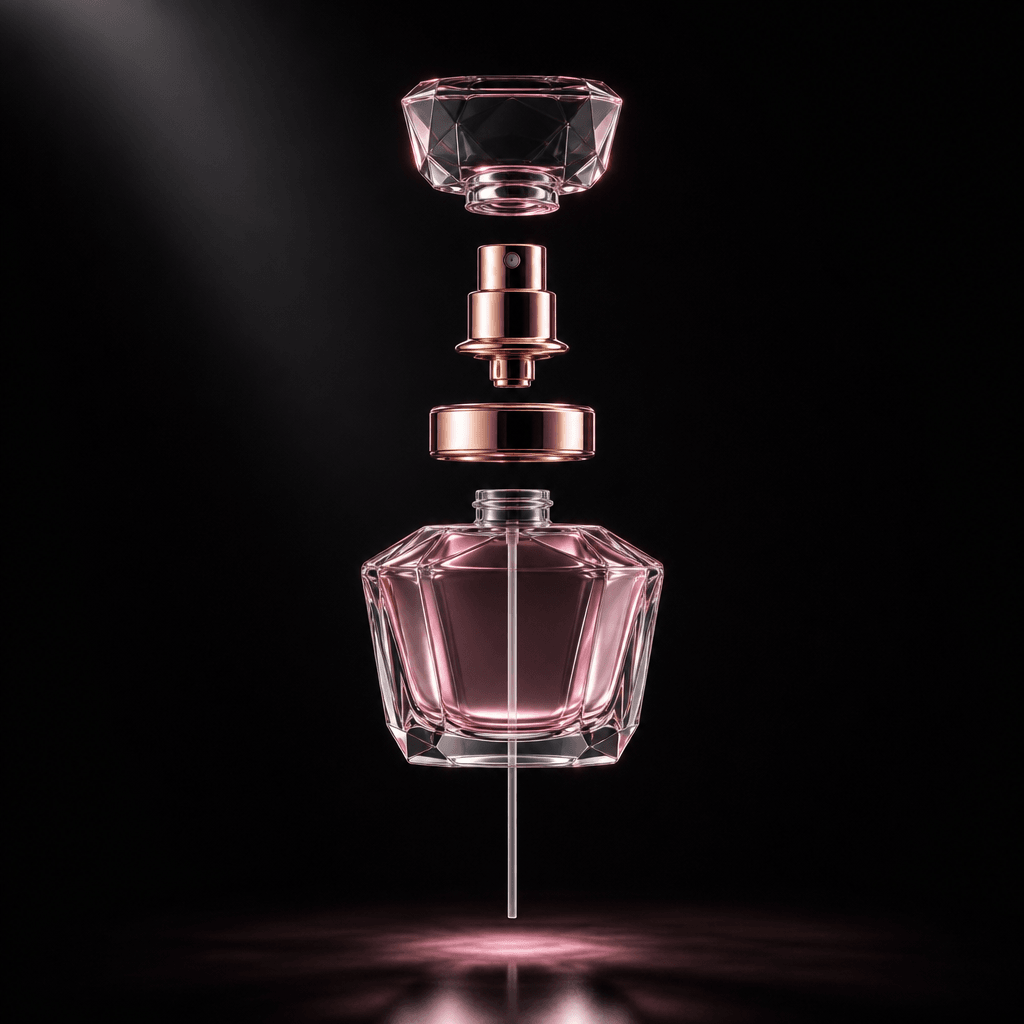 Luxury perfume bottle separated into cap, atomizer, collar, glass vessel, and internal tube in a precise vertical explod