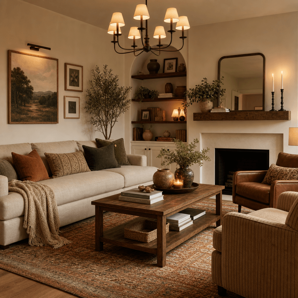 Living room with multiple home decor pieces arranged stylishly. Warm-toned space with complementary accessories. Cohesiv