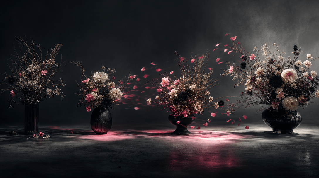 Four distinct floral arrangements arranged in a flowing sequence across a dark studio floor, connected by motion-blurred