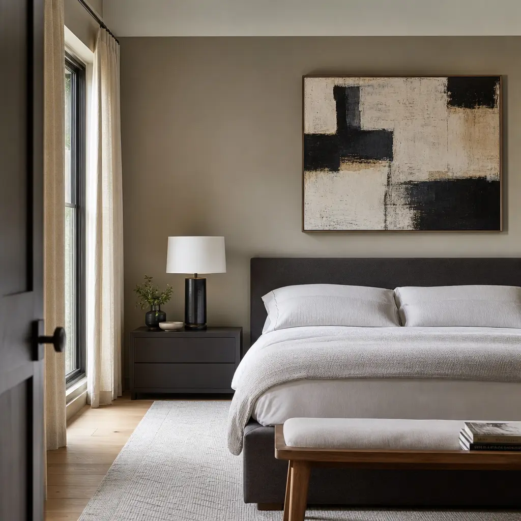 Modern interior bedroom with art piece on wall, minimalist design, soft natural lighting, professional interior photogra