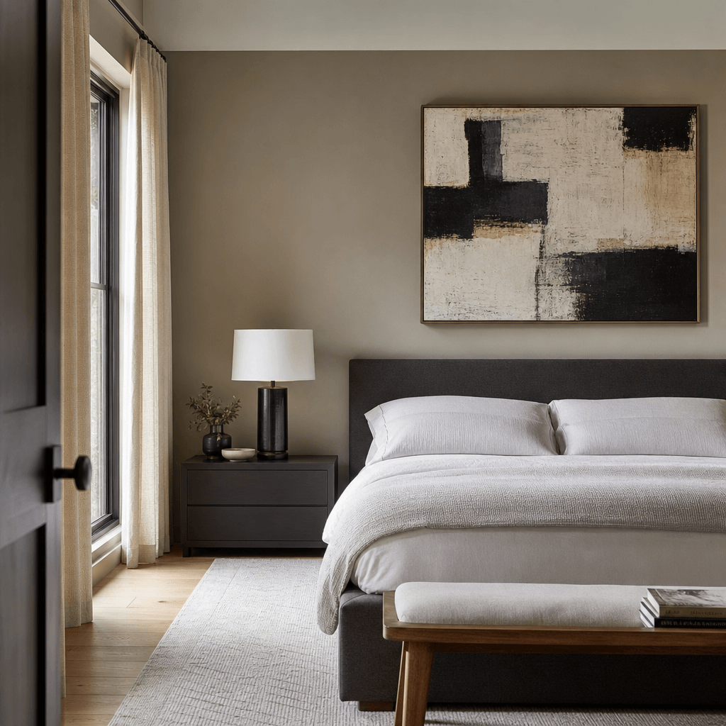 Modern interior bedroom with art piece on wall, minimalist design, soft natural lighting, professional interior photogra