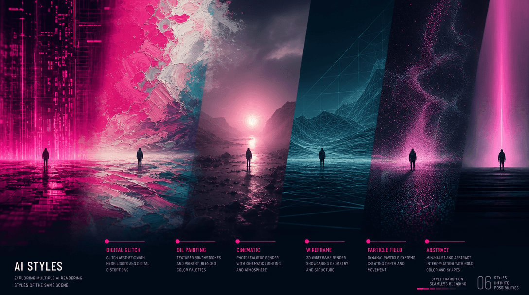Abstract split-screen showing multiple AI rendering styles of the same tiny figure effect, smooth transitions between di