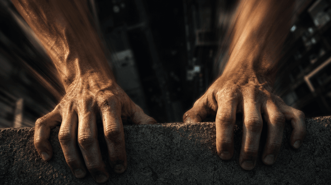 Abstract cinematic tension: extreme close-up of bare hands gripping a rough concrete ledge edge, knuckles white with exe