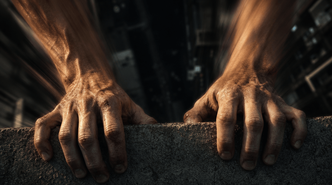 Abstract cinematic tension: extreme close-up of bare hands gripping a rough concrete ledge edge, knuckles white with exe