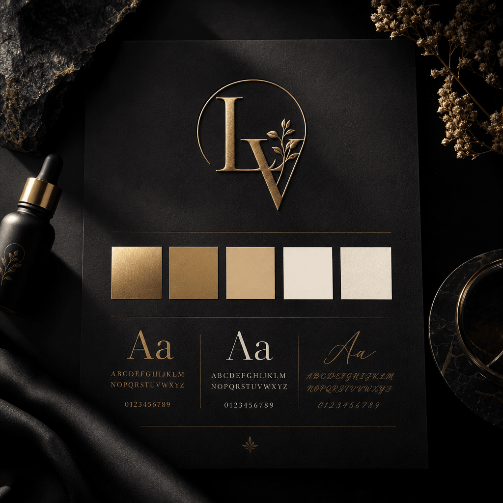 Brand kit output for a luxury skincare label. Near-black matte background. Gold and ivory color swatches arranged in a n