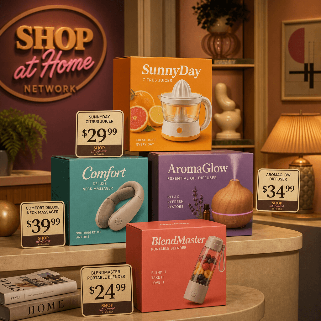 Stacked colorful product boxes on a beige studio desk with dramatic warm lighting, vintage price cards, retro shopping n