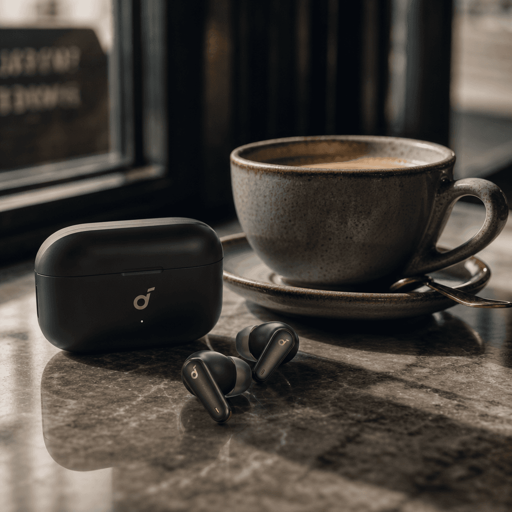 Premium wireless earbuds resting on a marble café counter beside a ceramic espresso cup, soft natural morning window lig