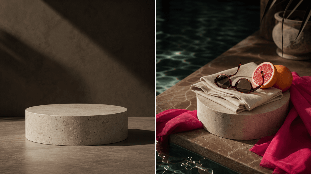 A plain product pedestal transitioning into a richly styled poolside still life of limestone, water reflections, folded