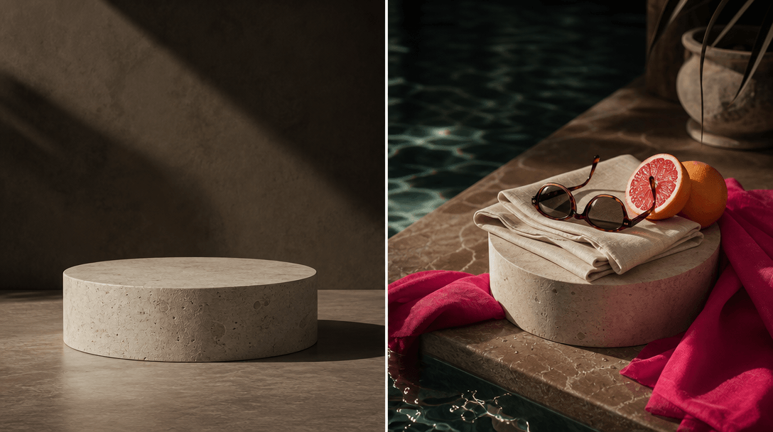 A plain product pedestal transitioning into a richly styled poolside still life of limestone, water reflections, folded