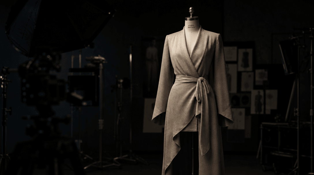 A quiet dark fashion studio after a shoot, single finished outfit illuminated on a mannequin while cameras and light sta