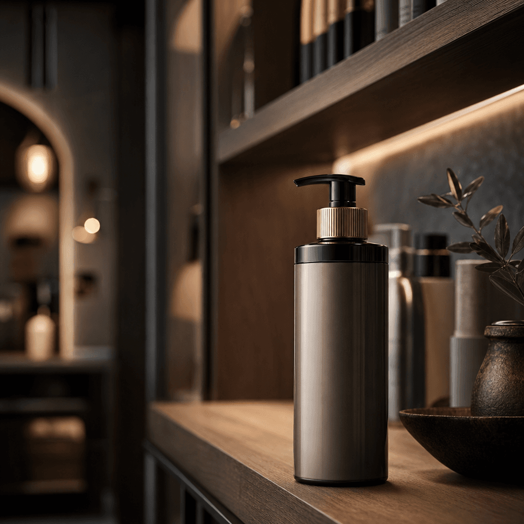 A premium haircare bottle positioned at the front of a sophisticated salon retail shelf, surrounded by warm wood, dark g