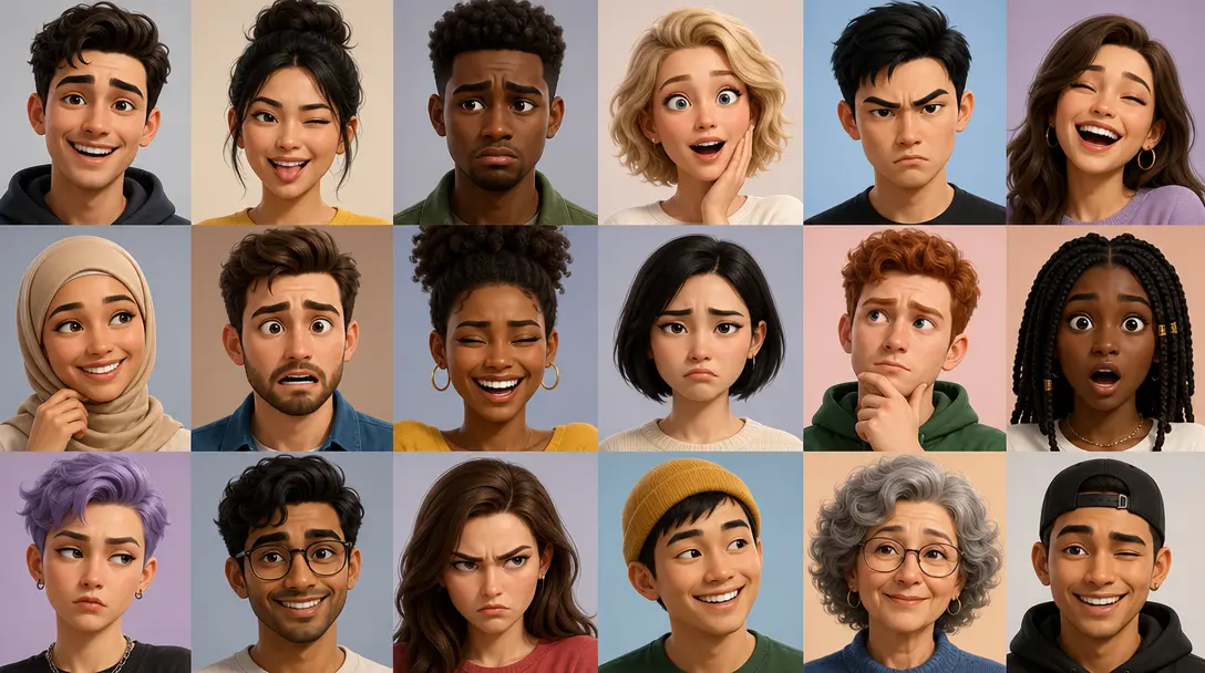 Multiple avatars expressing different emotions, eyebrow movement, natural facial expression range, diversity showcase.
