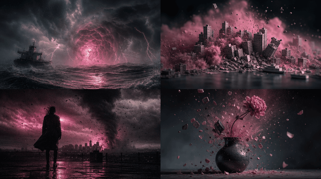 A surreal breaking event represented through four cinematic interpretations: photoreal storm, stylized miniature city, m