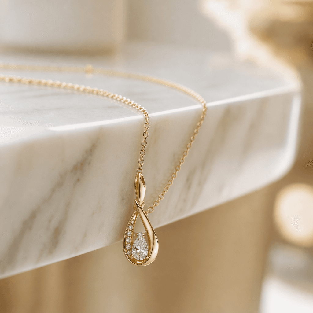 A delicate gold pendant necklace draped naturally over the beveled edge of a marble-topped bench, macro close-up, creamy