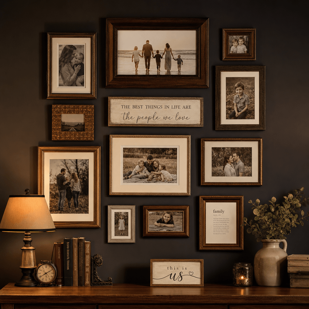Family memory wall display with multiple photo frames beautifully arranged, warm interior lighting, editorial styling, n