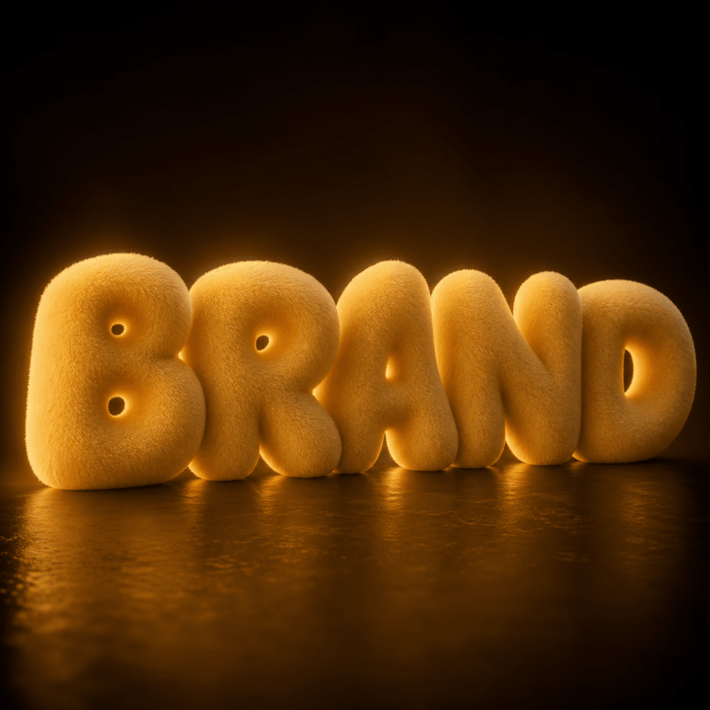 Fluffy 3D text logo 'BRAND' rendered in soft, organic shapes with warm golden glow. Dark editorial background, professio
