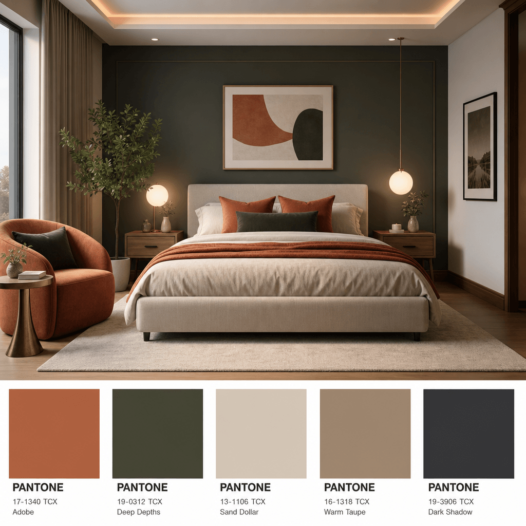 Contemporary bedroom interior with coordinated accent colors and Pantone card display, professional interior design visu
