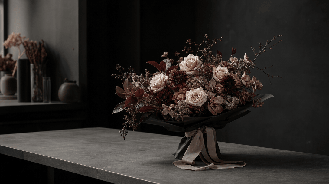 A finished luxury bouquet isolated on a long matte worktable inside a minimal floral studio, surrounded by carefully con