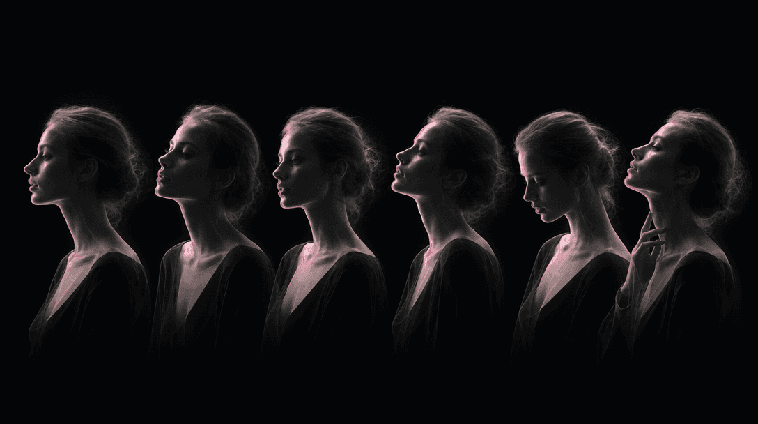 Six translucent portrait silhouettes aligned across a continuous strip, each pose subtly different while facial proporti