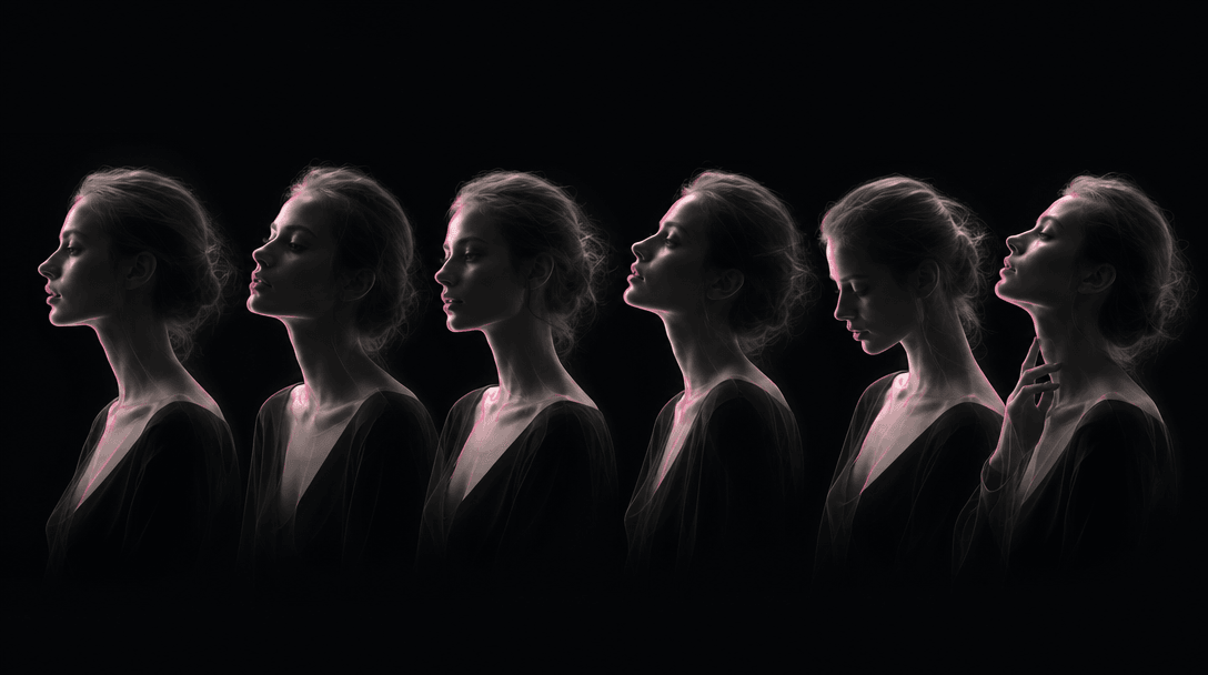 Six translucent portrait silhouettes aligned across a continuous strip, each pose subtly different while facial proporti