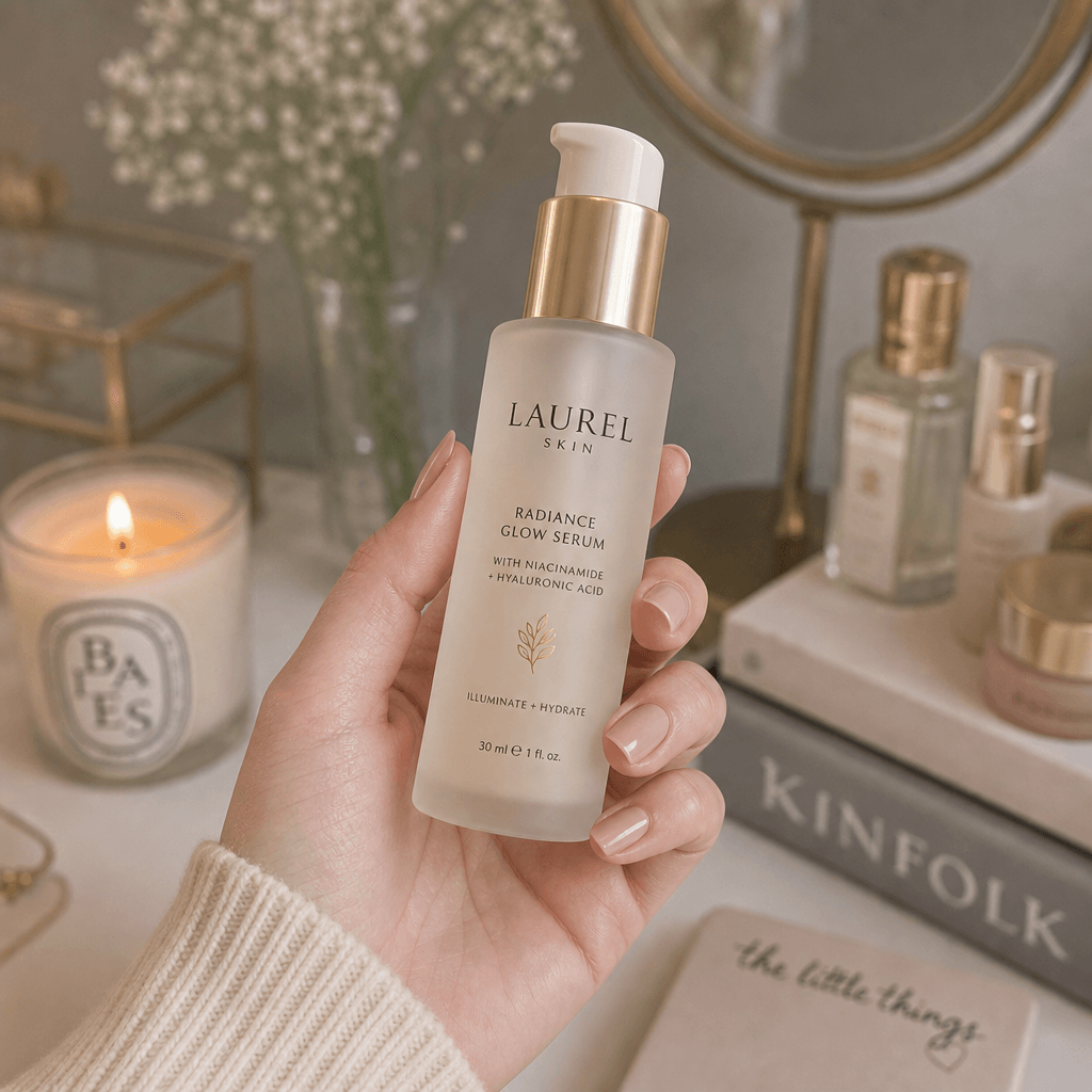 Visualize a beauty product in hand with a blurred background of a vanity setup, creating a lifestyle feel that resonates