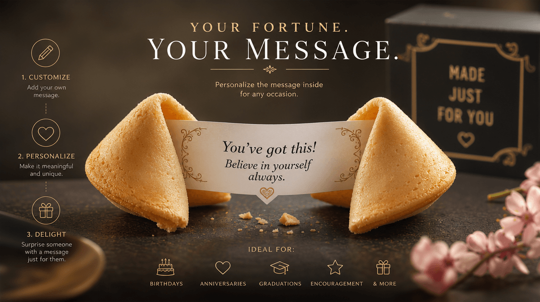 Fortune cookie with custom text appearing inside, message personalization visible, text animation effect, elegant typogr