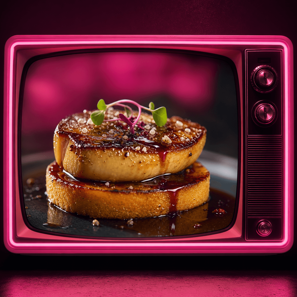 Close-up of a gourmet food item displayed on a pink neon TV screen. Cinematic studio lighting, rich colors, high-end pro