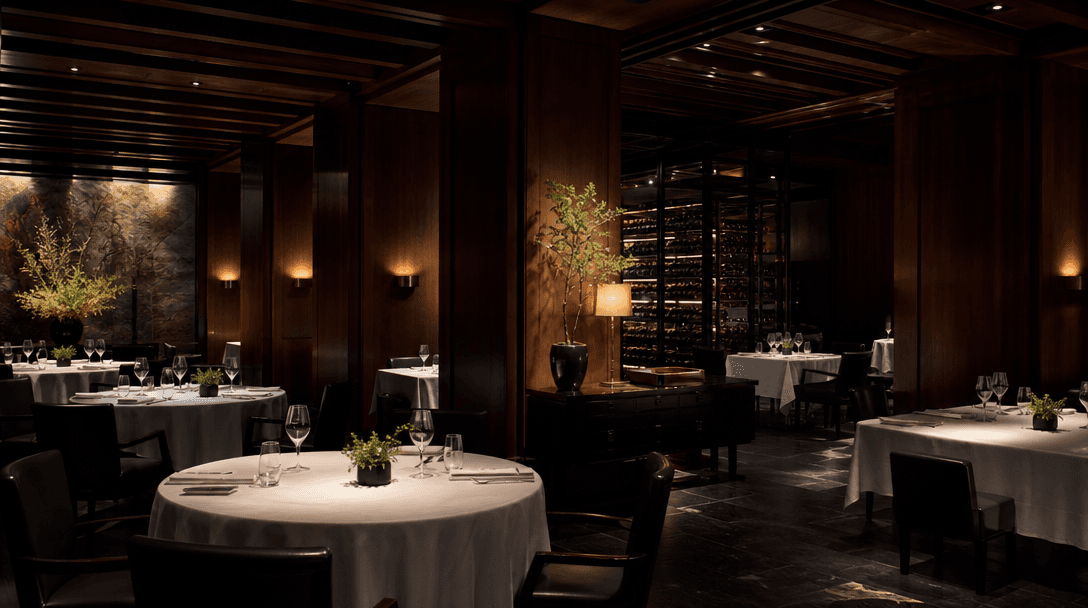 Moody fine-dining restaurant interior, dramatic wide cinematic shot. Warm spotlights illuminate empty tables dressed wit