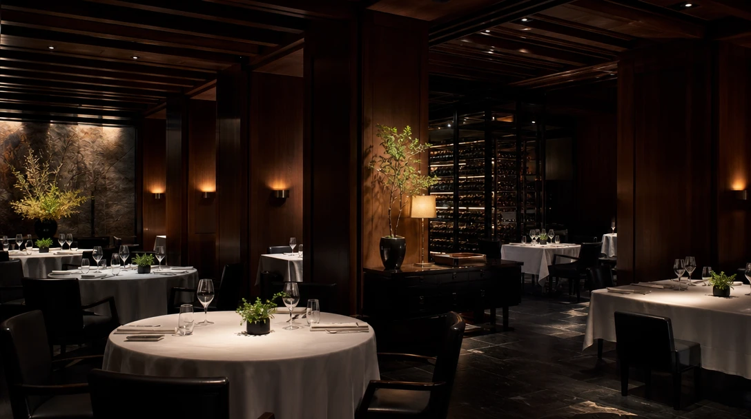 Moody fine-dining restaurant interior, dramatic wide cinematic shot. Warm spotlights illuminate empty tables dressed wit