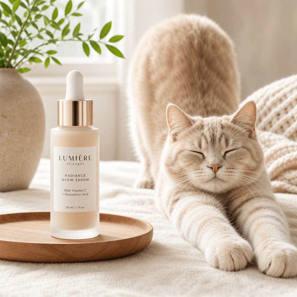 Skincare serum bottle beside cute cat in cozy stretch pose, natural lighting, elevated product styling.