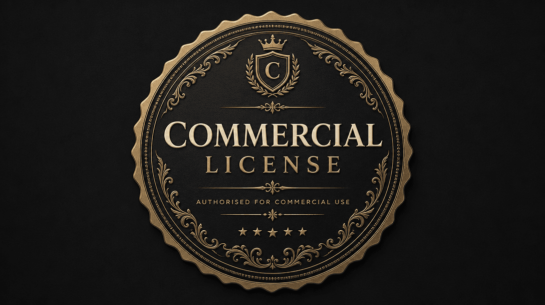 Elegant emblem or certificate seal design on dark background. Premium typography reading 'Commercial License' in cream a