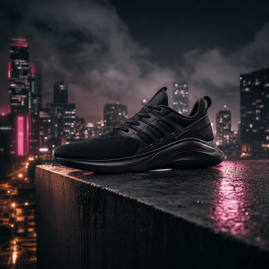 Cinematic product reveal: a sleek matte black athletic shoe positioned precisely on a rooftop ledge edge in a neon-lit c