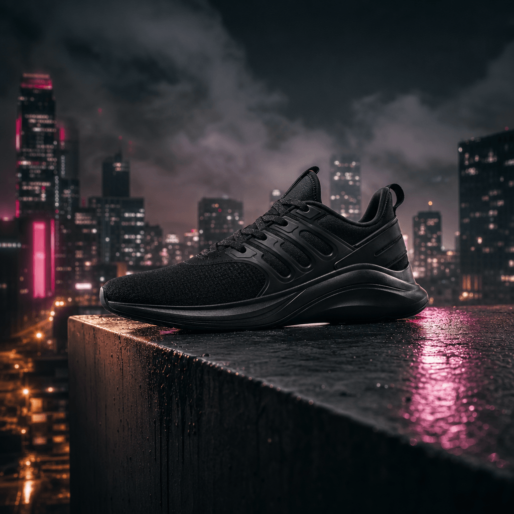 Cinematic product reveal: a sleek matte black athletic shoe positioned precisely on a rooftop ledge edge in a neon-lit c