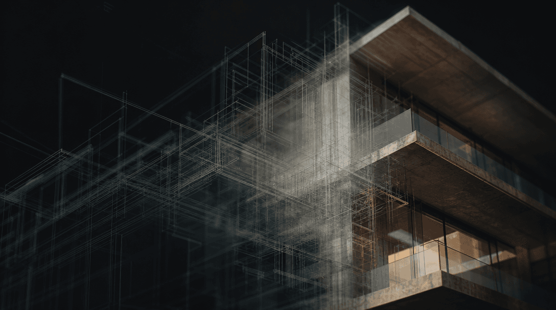 Abstract cinematic still — a ghostly double exposure of architectural wireframe geometry dissolving into real building p