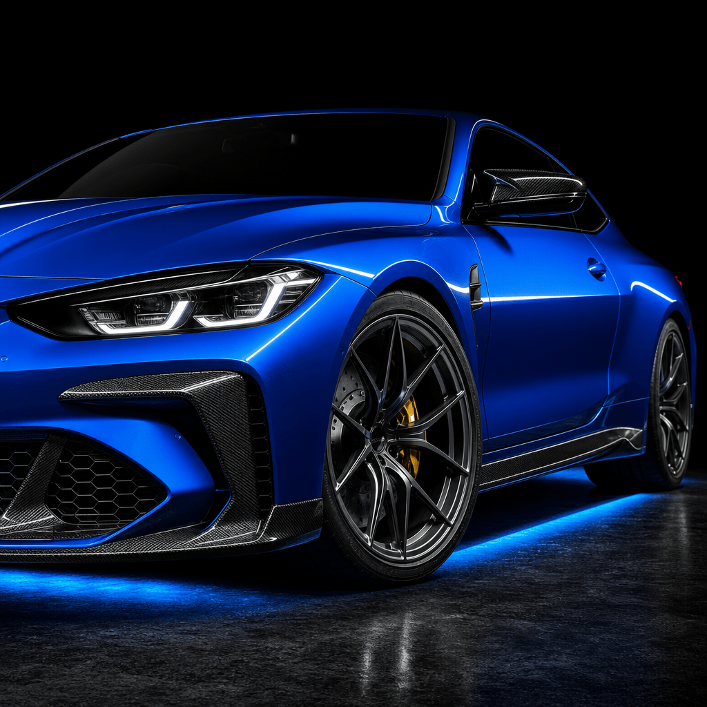 Editorial automotive square image: electric blue sports coupe in a pure dark studio against a near-black background, rim