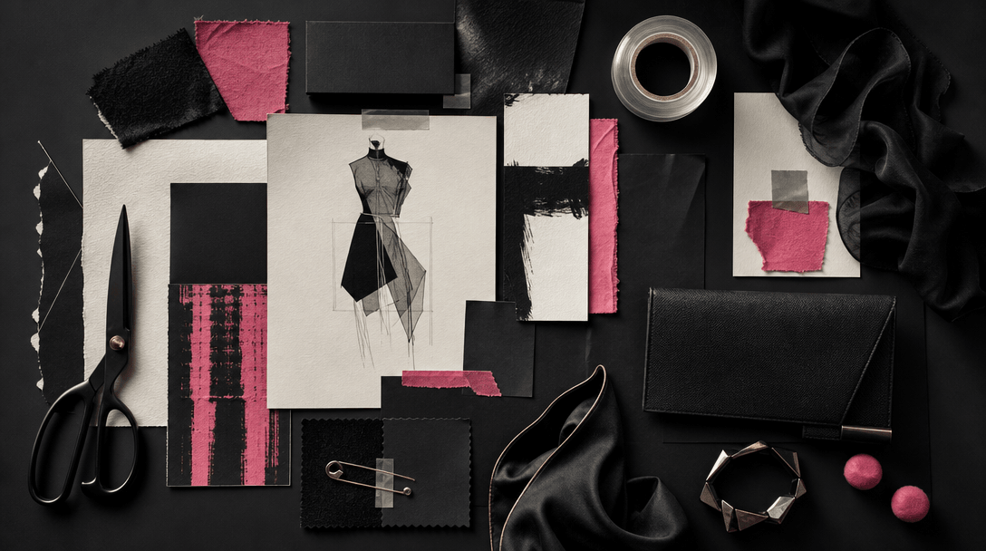 A refined overhead composition of paper cutouts, fabric swatches, scissors, transparent tape, and fashion accessories al