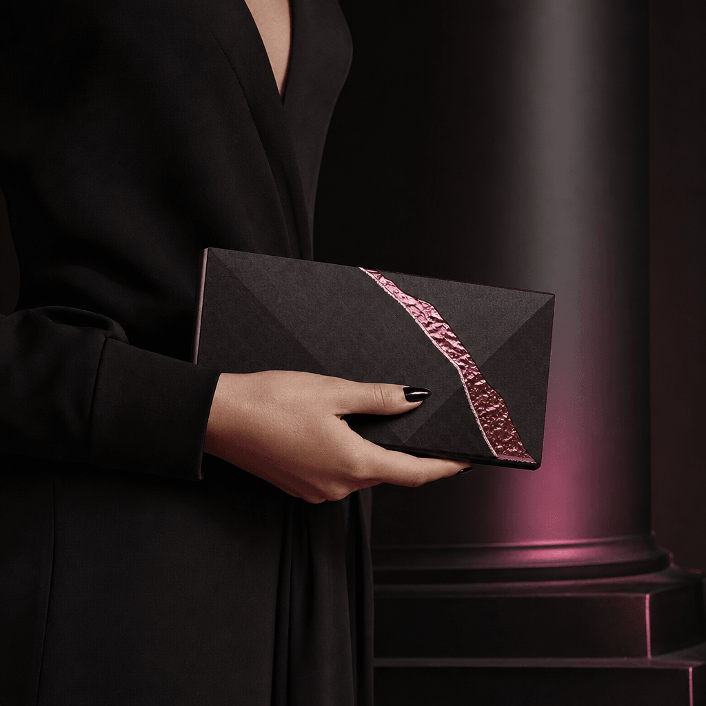 A minimalist chocolate bar package held like a couture clutch against a black architectural backdrop, sharp studio light