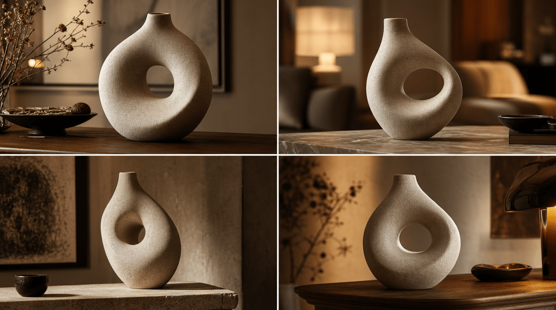 Abstract four-quadrant editorial composition: four warm-lit interior vignettes arranged in a seamless 2×2 grid, each pan