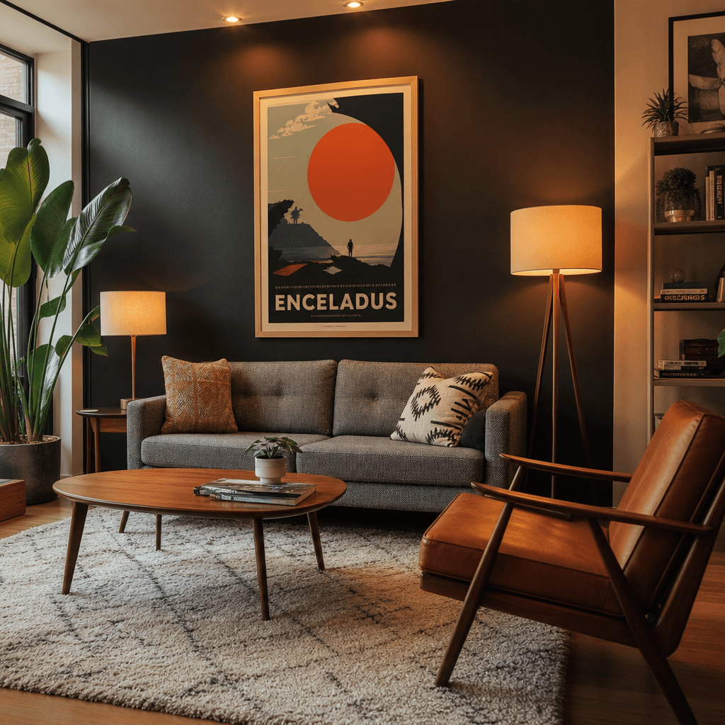 Contemporary living room with poster artwork on accent wall, mid-century furniture, warm ambient lighting, professional