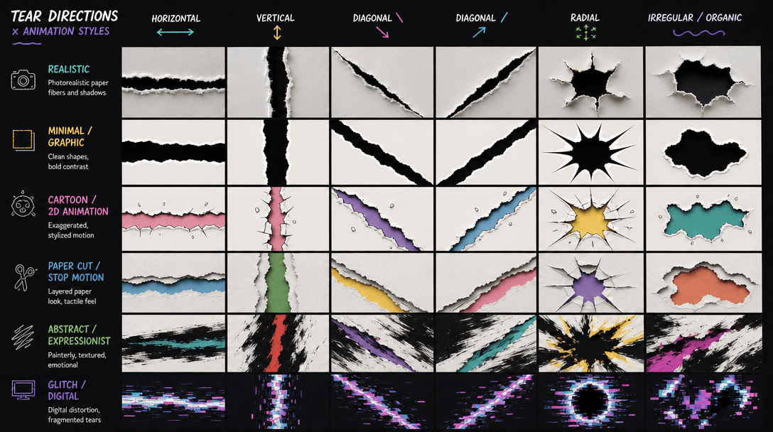 Multiple tear directions and animation styles shown abstractly, creative options visualization, directional variations