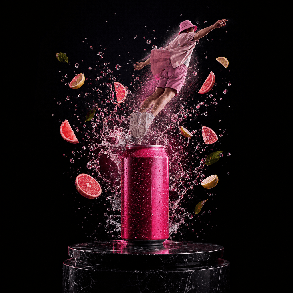 A vivid canned beverage centered on a polished pedestal while an anonymous summer-clad figure flies upward through a bur
